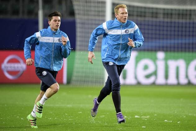 Gent s Hannes Van der Bruggen and Gent s goalkeeper Brian Vandenbussche pictured during a training of Belgian first league soccer team KAA Gent, Monday 07 March 2016 in Wolfsburg, Germany. Gent is preparing for the return leg of the 1 8 finals of the UEFA Champions League competition against German club VfL Wolfsburg Tomorrow. Wolfsburg won the first leg 2-3. YORICKxJANSENS  x04806722x