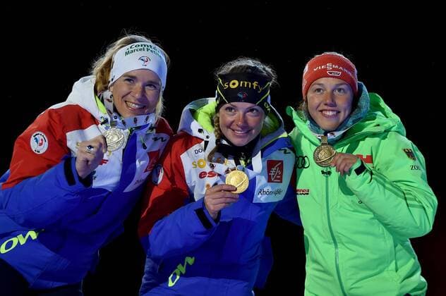 BIATHLON - IBU WC Oslo 2016 OSLO,NORWAY,09.MAR.16 - BIATHLON - IBU World Championships, 15km individual, ladies, award ceremony. Image shows Anais Bescond, Marie Dorin Habert (FRA) and Laura Dahlmeier (GER). Keywords: medal. GEPAxpictures xFlorianxErtl