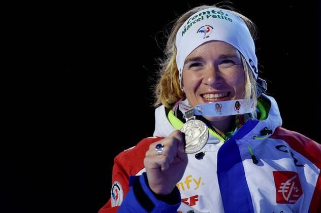 BIATHLON - IBU WC Oslo 2016 OSLO,NORWAY,09.MAR.16 - BIATHLON - IBU World Championships, 15km individual, ladies, award ceremony. Image shows Anais Bescond (FRA). Keywords: medal. GEPAxpictures xFlorianxErtl