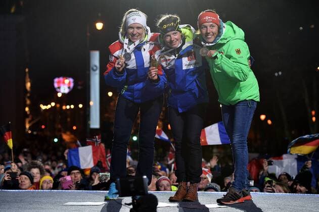 BIATHLON - IBU WC Oslo 2016 OSLO,NORWAY,09.MAR.16 - BIATHLON - IBU World Championships, 15km individual, ladies, award ceremony. Image shows Anais Bescond, Marie Dorin Habert (FRA) and Laura Dahlmeier (GER). Keywords: medal. GEPAxpictures xFlorianxErtl