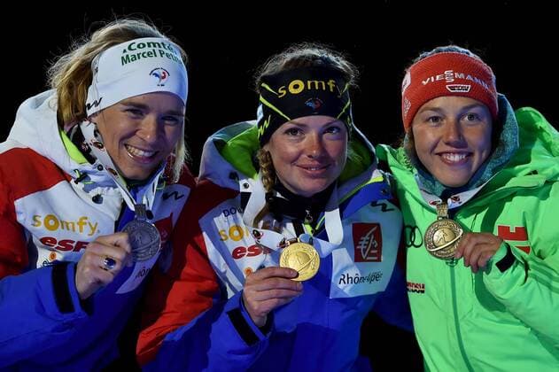 BIATHLON - IBU WC Oslo 2016 OSLO,NORWAY,09.MAR.16 - BIATHLON - IBU World Championships, 15km individual, ladies, award ceremony. Image shows Anais Bescond, Marie Dorin Habert (FRA) and Laura Dahlmeier (GER). Keywords: medal. GEPAxpictures xFlorianxErtl