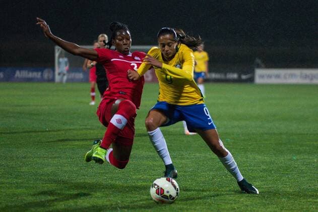 Fußball, Damen, Algarve Cup, Brasilien - Kanada Kadeisha Buchanan (Kanada) gegen Andressa da Silva (Brasilien) Parchal, Portugal, 09.03.2016 - Fussball, Frauenfussball, Algarve Cup 2016, Brasilien vs Kanada , Fussball, Frauenfussball, Algarve Cup 2016, Brasilien vs Kanada , xKLx