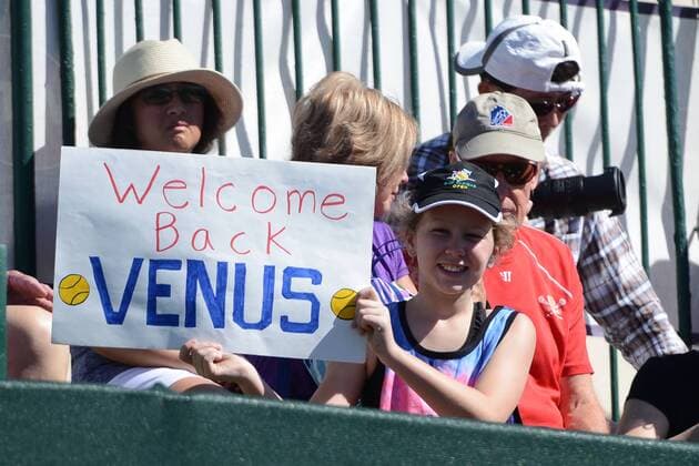 March 9, 2016 - Indian Wells, California, United States - A fan holds up a sign as Venus Williams practices in preparation for the BNP Paribas Open. Tennis 2016 - BNP Paribas Open - Day 3 - ZUMAl132