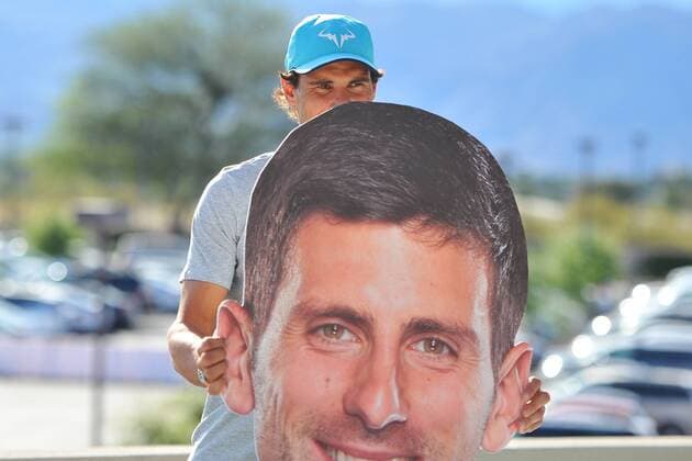 Rafael Nadal (Esp) mit dem Konterfei von Novak Djokovic TENNIS : Tournoi d Indian Wells 2016 - 09 03 2016 TennisMagazinex 