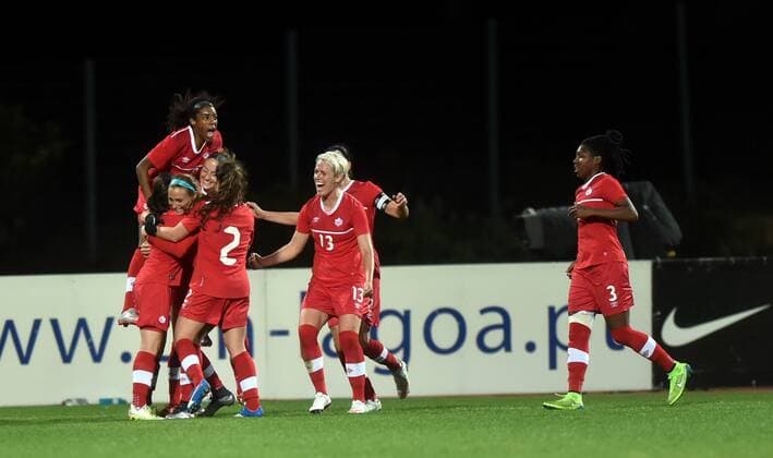 ALBUFEIRA, March 9, 2016 -- Canada s players celebrate after scoring first goal during the final match of 2016 Algarve Cup women s soccer tournament between Canada and Brazil at the Bela Vista Municipal Stadium in Parchal, Portugal, on March 9, 2016. Canada won 2-1 and thus claimed the title. ) (SP)PORTUGAL-ALBUFEIRA-ALGARVE CUP-CANADA VS BRAZIL ZhangxLiyun 
