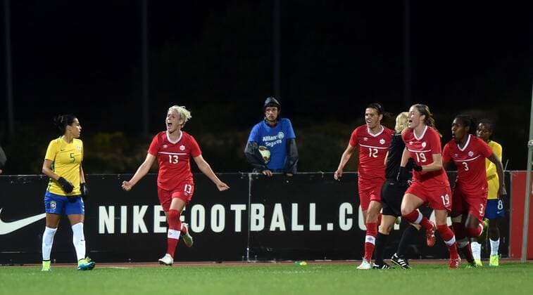 ALBUFEIRA, March 9, 2016 -- Canada s players celebrate after scoring first goal during the final match of 2016 Algarve Cup women s soccer tournament between Canada and Brazil at the Bela Vista Municipal Stadium in Parchal, Portugal, on March 9, 2016. Canada won 2-1 and thus claimed the title. ) (SP)PORTUGAL-ALBUFEIRA-ALGARVE CUP-CANADA VS BRAZIL ZhangxLiyun 