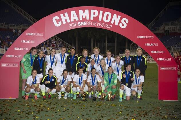 09 March 2016: The USA team poses under the Champions arch after USA won the SheBelieves Cup soccer match against Germany at the FAU Stadium in Boca Raton, Florida. (Photo by Doug Murray Icon Sportswire) SOCCER: MAR 09 Women s - SheBelieves Cup - USA v Germany Icon796160309006 EDITORIAL USE ONLY