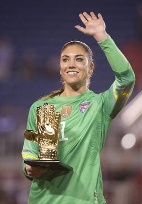 09 March 2016: United States Goalkeeper Hope Solo (1) smiles and holds the Golden Glove trophy after USA won the SheBelieves Cup soccer match against Germany at the FAU Stadium in Boca Raton, Florida. (Photo by Doug Murray Icon Sportswire) SOCCER: MAR 09 Women s - SheBelieves Cup - USA v Germany Icon796160309008 EDITORIAL USE ONLY