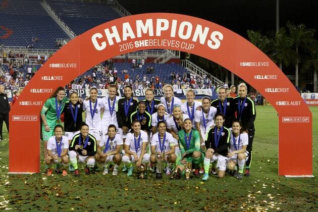 9 March 2016: Team USA pose for a photo after winning the SheBelieves Cup, defeating Germany 2-1 at FAU Stadium in Boca Raton, Florida. (Photo by Douglas Jones Icon Sportswire) SOCCER: MAR 09 Women s - SheBelieves Cup - USA v Germany Icon5151603092064 EDITORIAL USE ONLY