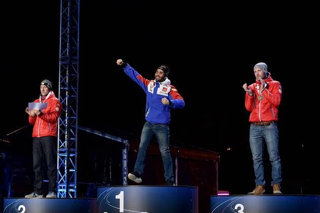 BIATHLON - IBU WC Oslo 2016 OSLO,NORWAY,10.MAR.16 - BIATHLON - IBU World Championships, 20km individual, men, award ceremony. Image shows Dominik Landertinger (AUT), Martin Fourcade (FRA) and Simon Eder (AUT). Keywords: medal. GEPAxpictures xFlorianxErtl