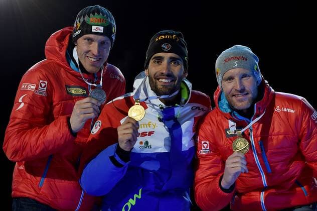 BIATHLON - IBU WC Oslo 2016 OSLO,NORWAY,10.MAR.16 - BIATHLON - IBU World Championships, 20km individual, men, award ceremony. Image shows Dominik Landertinger (AUT), Martin Fourcade (FRA) and Simon Eder (AUT). Keywords: medal. GEPAxpictures xFlorianxErtl
