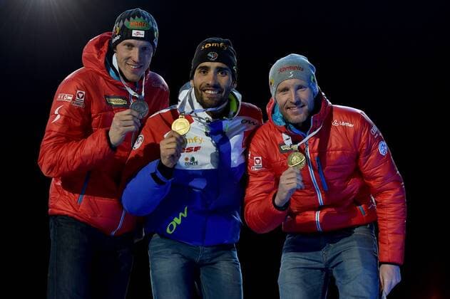 BIATHLON - IBU WC Oslo 2016 OSLO,NORWAY,10.MAR.16 - BIATHLON - IBU World Championships, 20km individual, men, award ceremony. Image shows Dominik Landertinger (AUT), Martin Fourcade (FRA) and Simon Eder (AUT). Keywords: medal. GEPAxpictures xFlorianxErtl