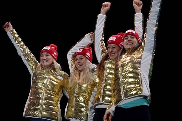BIATHLON - IBU WC Oslo 2016 OSLO,NORWAY,11.MAR.16 - BIATHLON - IBU World Championships, 4x6km relay, ladies, award ceremony. Image shows Marte Olsbu, Tiril Eckhoff, Fanny Horn Birkeland and Synnoeve Solemdal (NOR). GEPAxpictures xFlorianxErtl