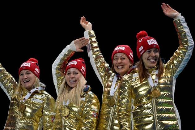 BIATHLON - IBU WC Oslo 2016 OSLO,NORWAY,11.MAR.16 - BIATHLON - IBU World Championships, 4x6km relay, ladies, award ceremony. Image shows Marte Olsbu, Tiril Eckhoff, Fanny Horn Birkeland and Synnoeve Solemdal (NOR). GEPAxpictures xFlorianxErtl