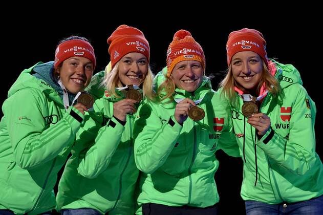 BIATHLON - IBU WC Oslo 2016 OSLO,NORWAY,11.MAR.16 - BIATHLON - IBU World Championships, 4x6km relay, ladies, award ceremony. Image shows Laura Dahlmeier, Maren Hammerschmidt, Franziska Hildebrand and Franziska Preuss (GER). Keywords: medal. GEPAxpictures xFlorianxErtl