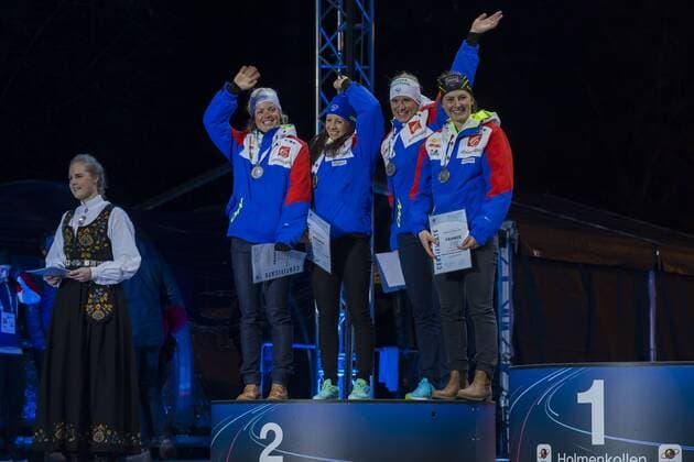 11.03.2016. Holmenkollen, Oslo, Norway. IBU Biathlon World Championships . L-R Anais Bescond of France, Anais Chevalier of France, Justine Braisaz of France and Marie Dorin Habert of France (silver medal) at the medal award ceremony during the IBU World Championships Biathlon in Holmenkollen Oslo, Norway. xNigelxWaldronx  ActionPlus11716434