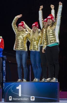 11.03.2016. Holmenkollen, Oslo, Norway. IBU Biathlon World Championships . L-R Marte Olsbu of Norway, Tiril Eckhoff of Norway, Fanny Horm Birkeland of Norway and Synnoeve Solemdal of Norway (gold medal) at the medal award ceremony during the IBU World Championships Biathlon in Holmenkollen Oslo, Norway. xNigelxWaldronx  ActionPlus11716435