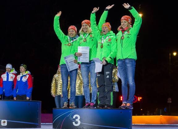 11.03.2016. Holmenkollen, Oslo, Norway. IBU Biathlon World Championships . L-R Laura Dahlmeier of Germany, Maren Hammerschmidt of Franziska Hildebrand of Germany and Franziska Preuss of Germany (bronze medal) at the medal award ceremony during the IBU World Championships Biathlon in Holmenkollen Oslo, Norway. xNigelxWaldronx  ActionPlus11716429
