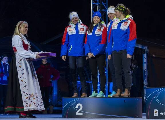 11.03.2016. Holmenkollen, Oslo, Norway. IBU Biathlon World Championships . L-R Anais Bescond of France, Anais Chevalier of France, Justine Braisaz of France and Marie Dorin Habert of France (silver medal) at the medal award ceremony during the IBU World Championships Biathlon in Holmenkollen Oslo, Norway. xNigelxWaldronx  ActionPlus11716430
