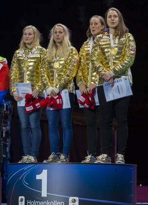 11.03.2016. Holmenkollen, Oslo, Norway. IBU Biathlon World Championships . L-R Marte Olsbu of Norway, Tiril Eckhoff of Norway, Fanny Horm Birkeland of Norway and Synnoeve Solemdal of Norway at the medal award ceremony during the IBU World Championships Biathlon in Holmenkollen Oslo, Norway. xNigelxWaldronx  ActionPlus11716437