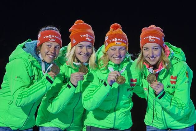 11.03.2016. Holmenkollen, Oslo, Norway. IBU Biathlon World Championships . L-R Laura Dahlmeier of Germany, Maren Hammerschmidt of Franziska Hildebrand of Germany and Franziska Preuss of Germany at the medal award ceremony during the IBU World Championships Biathlon in Holmenkollen Oslo, Norway. xNigelxWaldronx  ActionPlus11716438