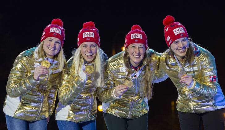 11.03.2016. Holmenkollen, Oslo, Norway. IBU Biathlon World Championships . L-R Marte Olsbu of Norway, Tiril Eckhoff of Norway, Fanny Horm Birkeland of Norway and Synnoeve Solemdal of Norway (gold medal) at the medal award ceremony during the IBU World Championships Biathlon in Holmenkollen Oslo, Norway. xNigelxWaldronx  ActionPlus11716440