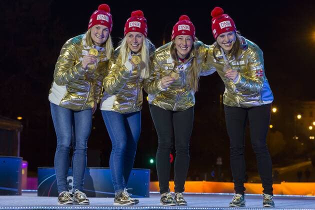 11.03.2016. Holmenkollen, Oslo, Norway. IBU Biathlon World Championships . L-R Marte Olsbu of Norway, Tiril Eckhoff of Norway, Fanny Horm Birkeland of Norway and Synnoeve Solemdal of Norway (gold medal) at the medal award ceremony during the IBU World Championships Biathlon in Holmenkollen Oslo, Norway. xNigelxWaldronx  ActionPlus11716441