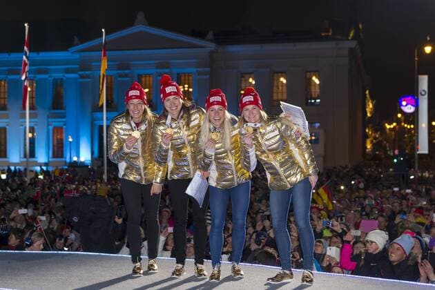 11.03.2016. Holmenkollen, Oslo, Norway. IBU Biathlon World Championships . L-R Marte Olsbu of Norway, Tiril Eckhoff of Norway, Fanny Horm Birkeland of Norway and Synnoeve Solemdal of Norway (gold medal) at the medal award ceremony during the IBU World Championships Biathlon in Holmenkollen Oslo, Norway. xNigelxWaldronx  ActionPlus11716442