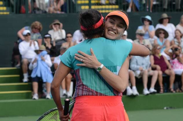 March 11, 2016 - Indian Wells, California, United States - MARTINA HINGIS and SANIA MIRZA celebrate winning their doubles match v. Dellacqua Stosur at the BNP Paribas Open in Indian Wells California. Tennis 2016 - BNP Paribas Open - Day 5 - ZUMAl132