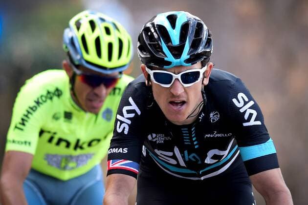 Spanish Alberto Contador of Tinkoff and British Geraint Thomas of Team Sky pictured in action during stage 6 of the 74th edition of Paris-Nice cycling race, 177 km from Nice to La Madone d Utelle, France, Saturday 12 March 2016. The race starts on the 6th and ends on the 13th of March. DAVIDxSTOCKMAN  x04809699x