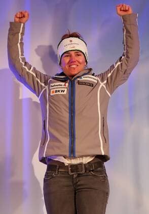 ALPINE SKIING - FIS WC Lenzerheide LENZERHEIDE,GERMANY,12.MAR.16 - ALPINE SKIING - FIS World Cup, Super G, ladies, award ceremony. Image shows the rejoicing of Fabienne Suter (SUI). Picture shot with a Canon EOS-1D X Mark II sample. GEPAxpictures xChristianxWalgram