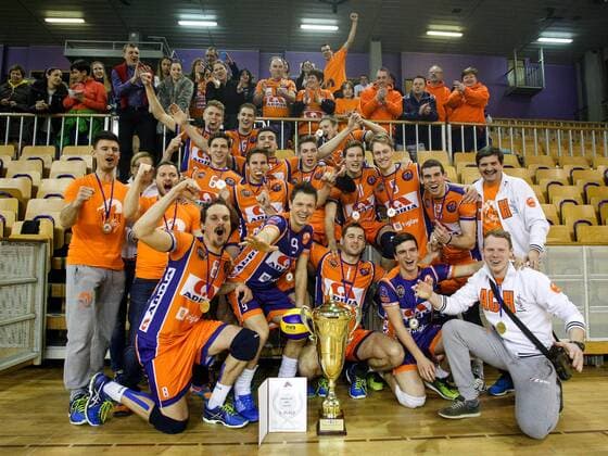 VOLLEYBALL - MEVZA, Ljubljana vs Hypo Tirol LJUBLJANA,SLOVENIA,12.MAR.16 - VOLLEYBALL - MEVZA, Middle European Volleyball Zonal Association, Final Four, men, final, ACH Volley Ljubljana vs Hypo Tirol VT, award ceremony. Image shows team Ljubljana. GEPAxpictures xMaticxKlansek