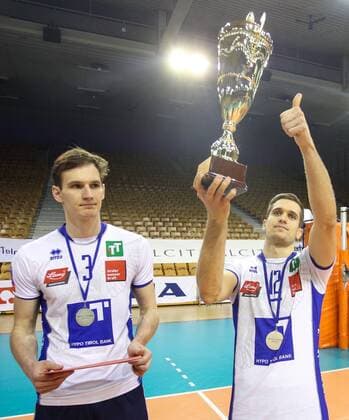 VOLLEYBALL - MEVZA, Ljubljana vs Hypo Tirol LJUBLJANA,SLOVENIA,12.MAR.16 - VOLLEYBALL - MEVZA, Middle European Volleyball Zonal Association, Final Four, men, final, ACH Volley Ljubljana vs Hypo Tirol VT, award ceremony. Image shows Stefan Chrtiansky (Hypo Tirol) and Gregor Ropret (Hypo Tirol). GEPAxpictures xMaticxKlansek