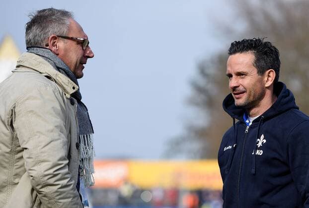 12.03.2016, xfux, Fussball 1.Bundesliga, SV Darmstadt 98 - FC Augsburg, emspor emonline, v.l. Praesident Ruediger Fritsch (SV Darmstadt 98), Trainer Dirk Schuster (SV Darmstadt 98)