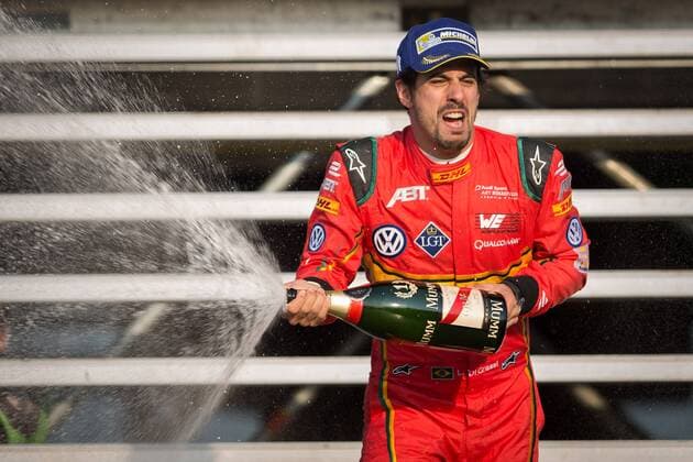 MEXICO CITY, March 12, 2016 -- Brazil s driver Lucas Di Grassi of ABT Schaeffler Audi Team celebrates during the award ceremony of FIA Formula E Championship Mexico City ePrix at Autodromo Hermanos Rodriguez in Mexico City, capital of Mexico on March 12, 2016. ) (jp) (fnc) (SP)MEXICO-MEXICO CITY motor racing Motorsport FORMULA E PedroxMera 