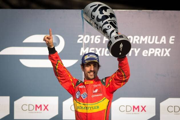 MEXICO CITY, March 12, 2016 -- Brazil s driver Lucas Di Grassi of ABT Schaeffler Audi Team celebrates during the award ceremony of FIA Formula E Championship Mexico City ePrix at Autodromo Hermanos Rodriguez in Mexico City, capital of Mexico, on March 12, 2016. ) (jp) (fnc) (SP)MEXICO-MEXICO CITY motor racing Motorsport FORMULA E PedroxMera 