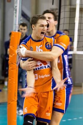 VOLLEYBALL - MEVZA, Ljubljana vs Hypo Tirol LJUBLJANA,SLOVENIA,12.MAR.16 - VOLLEYBALL - MEVZA, Middle European Volleyball Zonal Association, Final Four, men, final, ACH Volley Ljubljana vs Hypo Tirol VT. Image shows the rejoicing of Jan Pokersnik (Ljubljana) and Jan Kozamernik (Ljubljana). GEPAxpictures xMaticxKlansek