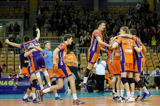 VOLLEYBALL - MEVZA, Ljubljana vs Hypo Tirol LJUBLJANA,SLOVENIA,12.MAR.16 - VOLLEYBALL - MEVZA, Middle European Volleyball Zonal Association, Final Four, men, final, ACH Volley Ljubljana vs Hypo Tirol VT. Image shows the rejoicing of Ljubljana. GEPAxpictures xMaticxKlansek