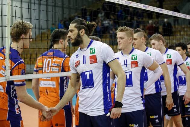 VOLLEYBALL - MEVZA, Ljubljana vs Hypo Tirol LJUBLJANA,SLOVENIA,12.MAR.16 - VOLLEYBALL - MEVZA, Middle European Volleyball Zonal Association, Final Four, men, final, ACH Volley Ljubljana vs Hypo Tirol VT. Image shows Samuel Walker (Ljubljana) and Pedro Frances (Hypo Tirol). GEPAxpictures xMaticxKlansek
