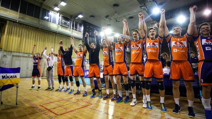 VOLLEYBALL - MEVZA, Ljubljana vs Hypo Tirol LJUBLJANA,SLOVENIA,12.MAR.16 - VOLLEYBALL - MEVZA, Middle European Volleyball Zonal Association, Final Four, men, final, ACH Volley Ljubljana vs Hypo Tirol VT. Image shows the rejoicing of Ljubljana. GEPAxpictures xMaticxKlansek