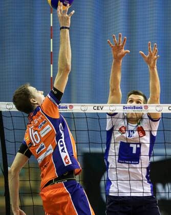 VOLLEYBALL - MEVZA, Ljubljana vs Hypo Tirol LJUBLJANA,SLOVENIA,12.MAR.16 - VOLLEYBALL - MEVZA, Middle European Volleyball Zonal Association, Final Four, men, final, ACH Volley Ljubljana vs Hypo Tirol VT. Image shows Jan Pokersnik (Ljubljana) and Gregor Ropret (Hypo Tirol). GEPAxpictures xMaticxKlansek