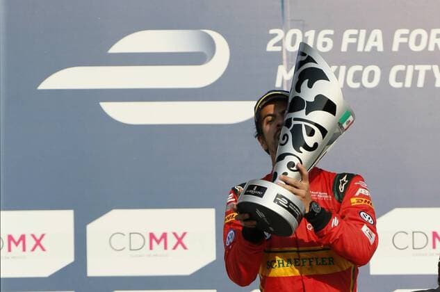 Brazilian Formula E driver Lucas di Grassi, ABT Schaeffler Audi celebrates after winning the 5th stage of the Formula E Championship held at the Hermanos Rodriguez circuit in Mexico City, Mexico, on 12 March 2016. FORMULA E !ACHTUNG: NUR REDAKTIONELLE NUTZUNG!  20160313-635934581915755454