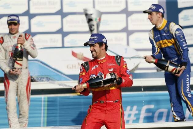 Brazilian Formula E driver Lucas di Grassi, ABT Schaeffler Audi celebrates after winning the 5th stage of the Formula E Championship held at the Hermanos Rodriguez circuit in Mexico City, Mexico, on 12 March 2016. FORMULA E !ACHTUNG: NUR REDAKTIONELLE NUTZUNG!  20160313-635934581958967454