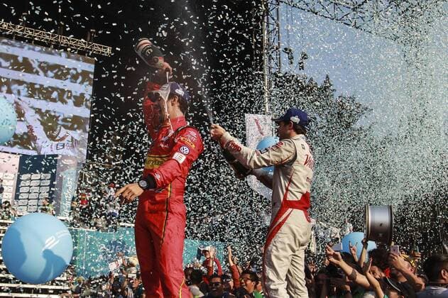 Brazilian Formula E driver Lucas di Grassi (L), ABT Schaeffler Audi celebrates after winning the 5th stage of the Formula E Championship held at the Hermanos Rodriguez circuit in Mexico City, Mexico, on 12 March 2016. FORMULA E !ACHTUNG: NUR REDAKTIONELLE NUTZUNG!  20160313-635934582593419454