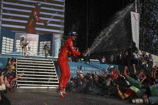 Brazilian Formula E driver Lucas di Grassi (C), ABT Schaeffler Audi celebrates after winning the 5th stage of the Formula E Championship held at the Hermanos Rodriguez circuit in Mexico City, Mexico, on 12 March 2016. FORMULA E !ACHTUNG: NUR REDAKTIONELLE NUTZUNG!  20160313-635934582613075454