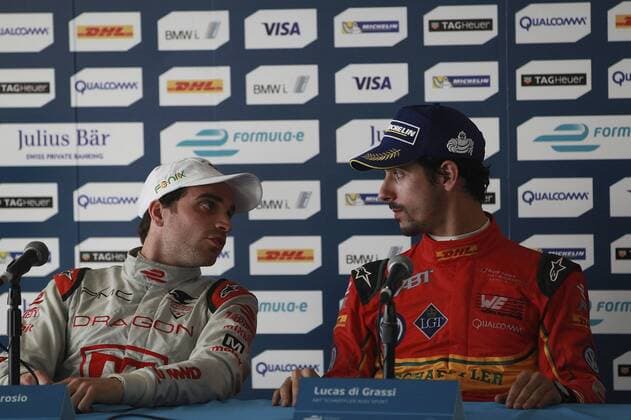 Brazilian Formula E driver Lucas di Grassi (R), ABT Schaeffler Audi and Jerome D Ambrosio (L), from Dragon Racing Team, hold a press conference PK Pressekonferenz at the end of the 5th stage of the Formula E Championship held at the Hermanos Rodriguez circuit in Mexico City, Mexico, on 12 March 2016. FORMULA E !ACHTUNG: NUR REDAKTIONELLE NUTZUNG!  20160313-635934583231459454