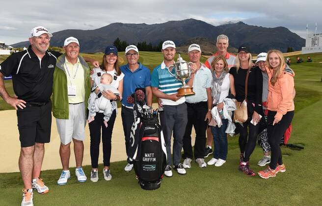 13.03.2016. Arrowtown, New Zealand. Australia s Matthew Griffin with the Brodie Breeze trophy and family after winning the NZ Open at The Hills during 2016 BMW ISPS Handa New Zealand Open. Sunday 13 March 2016. xAndrewxCornagax  ActionPlus11717578