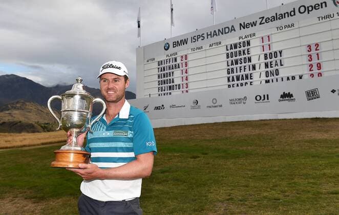 13.03.2016. Arrowtown, New Zealand. Australia s Matthew Griffin poses for a picture after winning the NZ Open at The Hills during 2016 BMW ISPS Handa New Zealand Open. Sunday 13 March 2016. xAndrewxCornagax  ActionPlus11717569