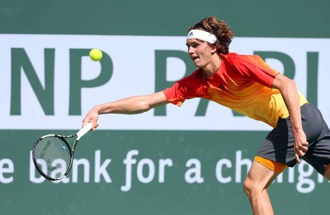 March 13, 2016: Alexander Zverev of Germany returns a shot against Grigor Dimitrov of Bulgaria during the 2016 BNP Paribas Open at Indian Wells Tennis Garden in Indian Wells, California. TENNIS 2016: BNP Paribas Open MAR 13 - ZUMAcb8_