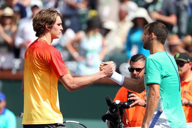 March 13, 2016: Alexander Zverev of Germany shakes hands after defeating Grigor Dimitrov of Bulgaria during the 2016 BNP Paribas Open at Indian Wells Tennis Garden in Indian Wells, California. TENNIS 2016: BNP Paribas Open MAR 13 - ZUMAcb8_